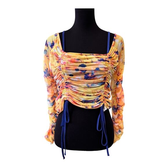 New TOPSHOP NORDSTROM Mesh Printed Long Sleeve Ruched Bardot Top Size 12 - Picture 4 of 9